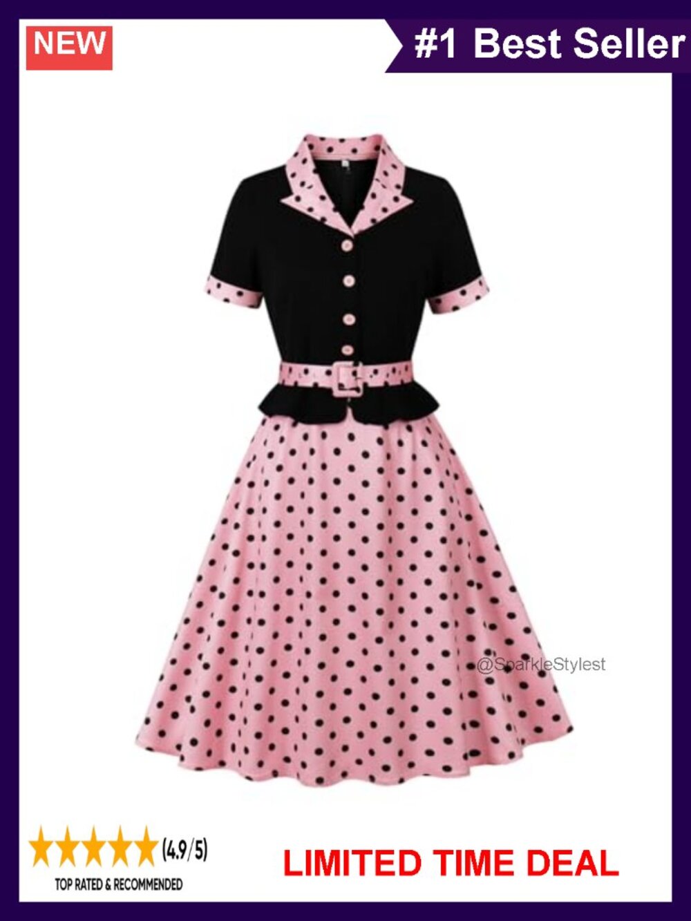 1950s Rockabilly Polka Dot Swing Dress Pockets Tea Party Midi